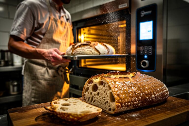 Illustration von einem Bäcker, der einen Teigling in einen modernen, digital gesteuerten Ofen schiebt, während im Vordergrund ein aufgeschnittenes, "rückwärts" gebackenes Brot mit extrem knuspriger Kruste und luftiger Krume zu sehen ist.