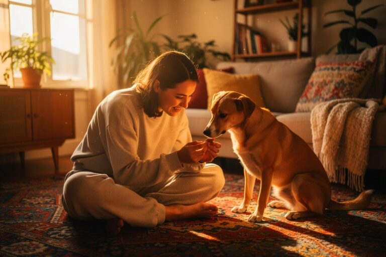 Illustration von einem Hundebesitzer, der morgens in ruhiger Atmosphäre ein Suchspiel mit seinem sitzenden Hund in der Wohnung durchführt.