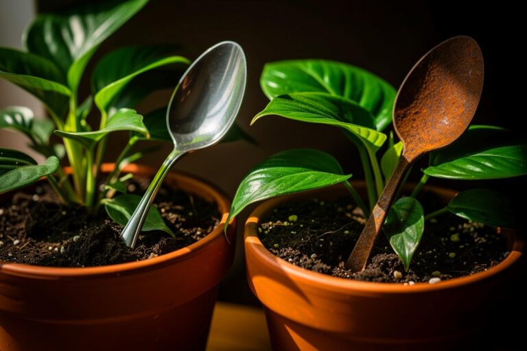Illustration von einem silbernen und einem rostigen Löffel, die in verschiedenen Blumentöpfen mit grünen Zimmerpflanzen stecken.