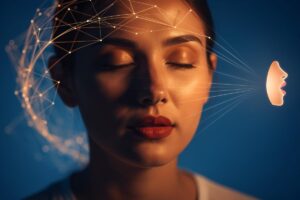 Illustration einer Person, die bewusst die Augen schließt, während im Hintergrund ein Gehirn mit leuchtenden neuronalen Verbindungen und ein stilisierter Mund zu sehen sind, die den Übergang von Impuls zu bewusster Kommunikation symbolisieren.