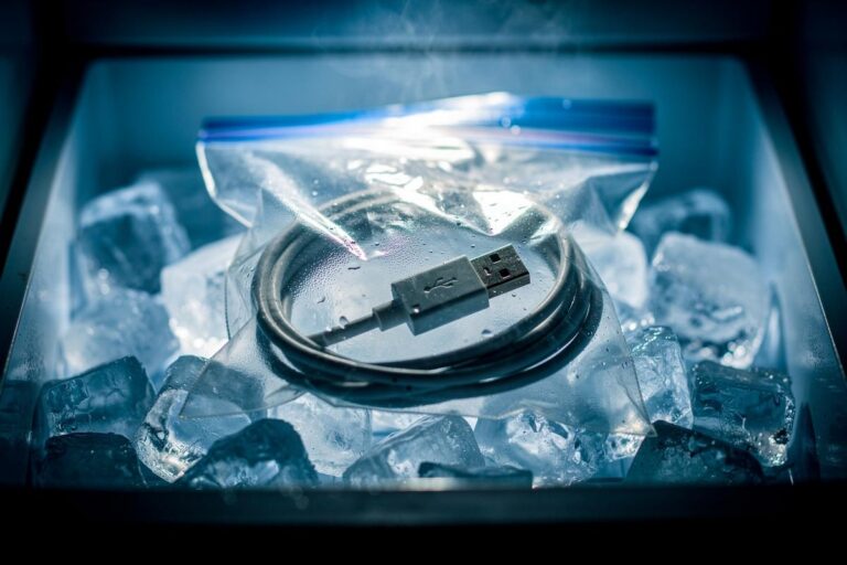 Illustration von einem in einem Gefrierbeutel eingeschlossenen, zu einer Schlaufe gelegten Ladekabel, das in einem Gefrierfach liegt.