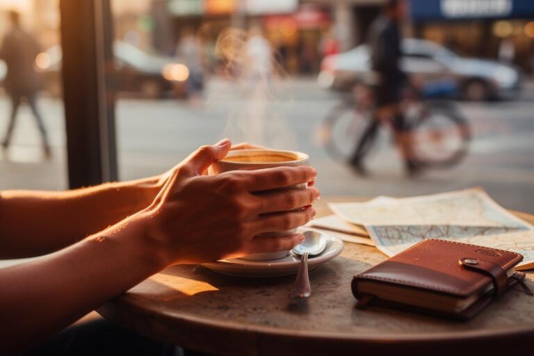 Illustration von einer Person, die entspannt an einem Café-Tisch sitzt, in eine Tasse blickend, während um sie herum der lebendige, unscharfe Alltag einer Stadt vorbeizieht.