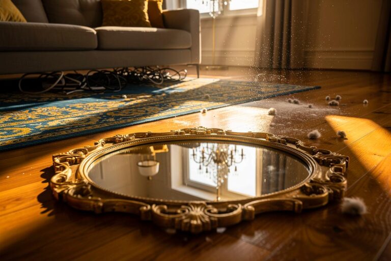 Illustration von einem großen, auf dem Boden eines Wohnzimmers liegenden Spiegel, der die ungewohnte Perspektive und darunter verborgene Unordnung wie Kabel und Staub reflektiert.